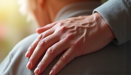 A supportive hand resting on an older person's shoulder.